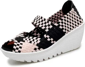 Women's Elastic Woven Pumps Mary Jane Shoes Platform Wedge Sandals Comfortable Walking Shoes