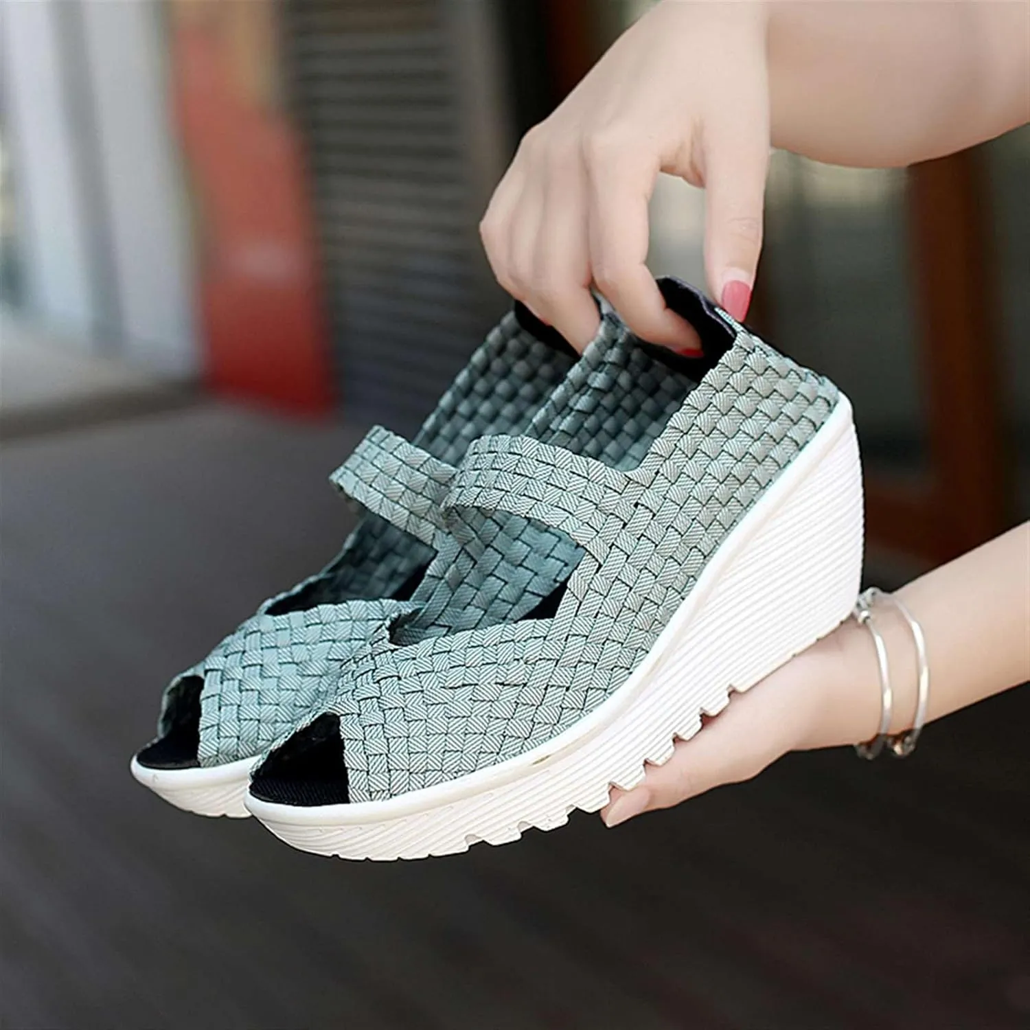 Women's Elastic Woven Pumps Mary Jane Shoes Platform Wedge Sandals Comfortable Walking Shoes