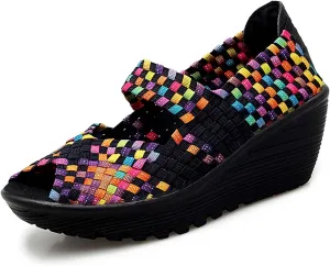 Women's Elastic Woven Pumps Mary Jane Shoes Platform Wedge Sandals Comfortable Walking Shoes