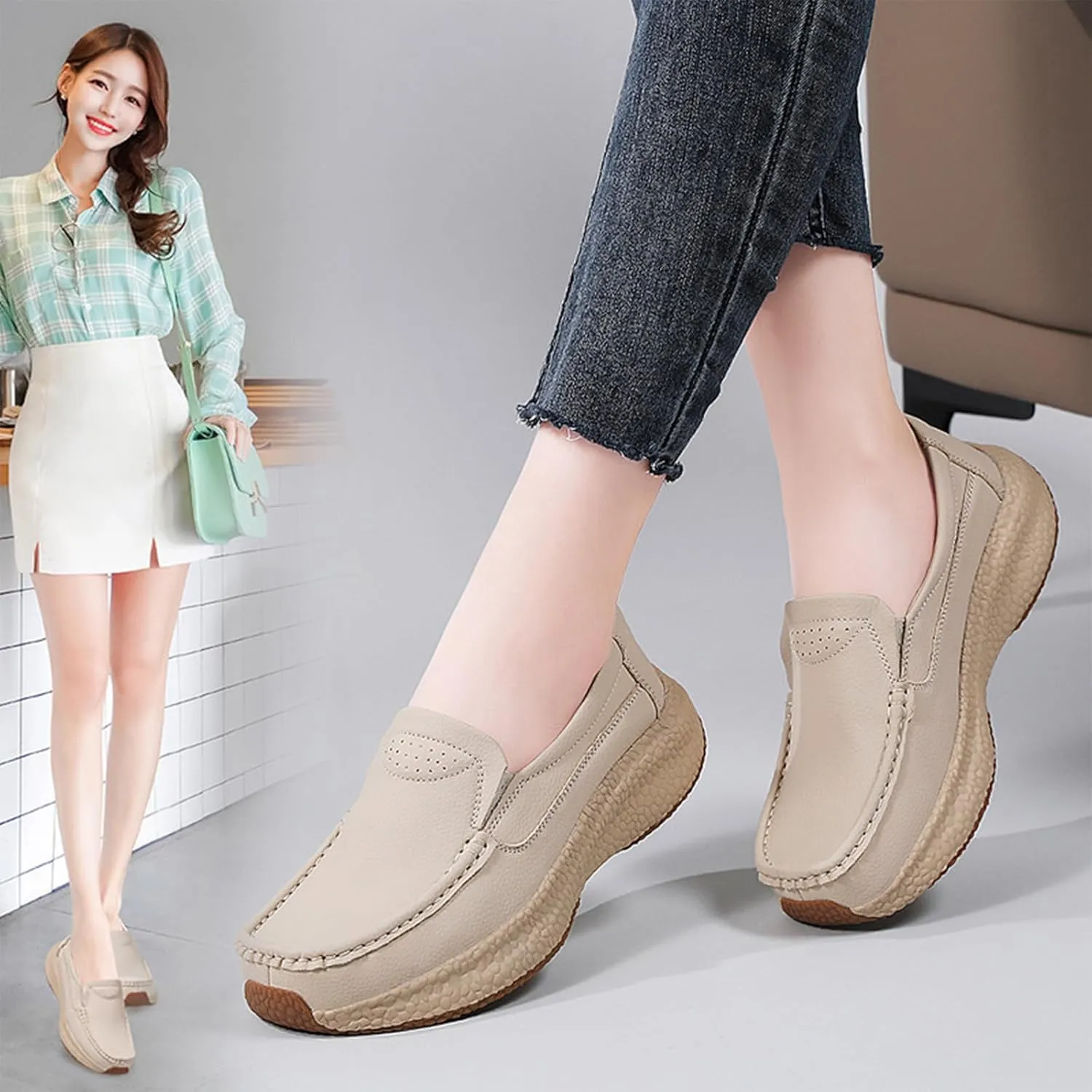 Women's Fashion Platform Wedge Loafers Comfortable Round Wide Toe Slip On Lightweight Soft Bottom Non-Slip Moccasin Loafers with Arch Support Walking Shoes