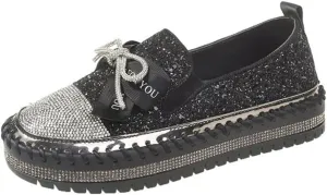 Women's Fashion Rhinestone Slip On Sneakers Casual Comfort Platform Walking Shoes Cute Bowknot Glitter Bling Loafers