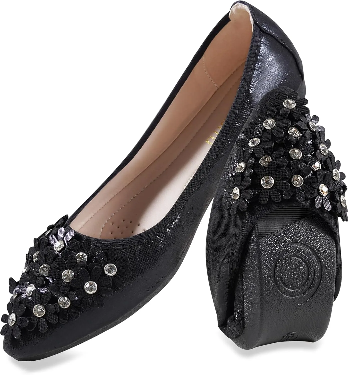 Women's Flats, Foldable Ballet Flats for Women, Flower Pionted Toe Comfort Light Weight Slip-On Dress Shoes