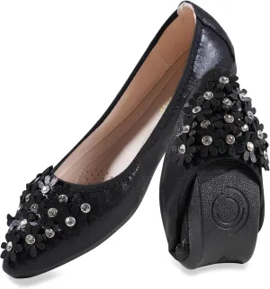 Women's Flats, Foldable Ballet Flats for Women, Flower Pionted Toe Comfort Light Weight Slip-On Dress Shoes