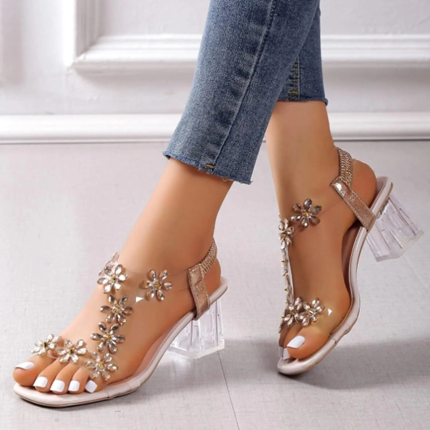 Women's Flower Rhinestone Block Heel Sandals, 2025 Open Toe Summer Casual Chunky High Heel Sexy Elegant Dress Shoes Sexy Elegant Dress Shoes Square Toe Heels Party Wedding Sandals