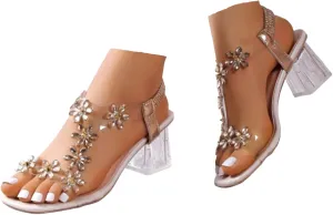 Women's Flower Rhinestone Block Heel Sandals, 2025 Open Toe Summer Casual Chunky High Heel Sexy Elegant Dress Shoes Sexy Elegant Dress Shoes Square Toe Heels Party Wedding Sandals