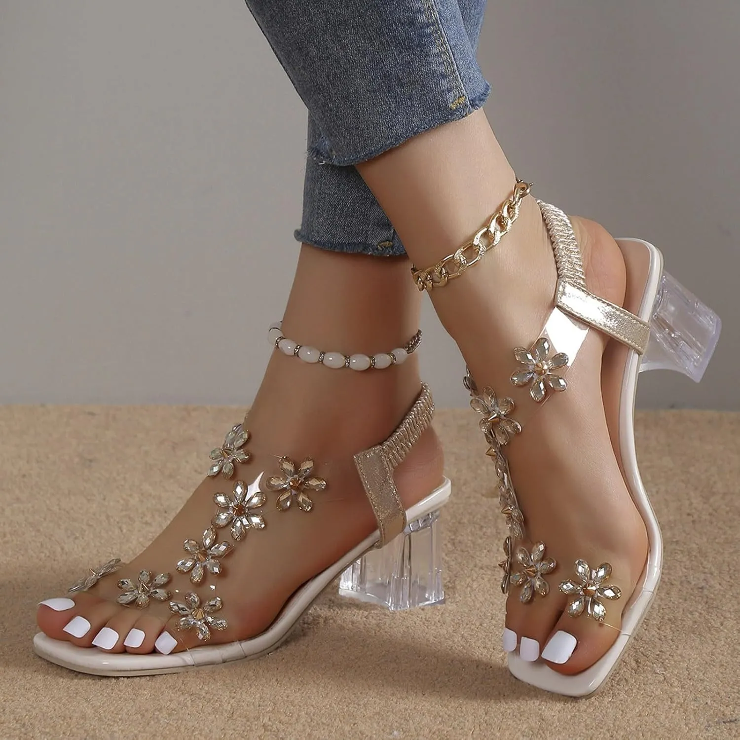 Women's Flower Rhinestone Block Heel Sandals, 2025 Open Toe Summer Casual Chunky High Heel Sexy Elegant Dress Shoes Sexy Elegant Dress Shoes Square Toe Heels Party Wedding Sandals