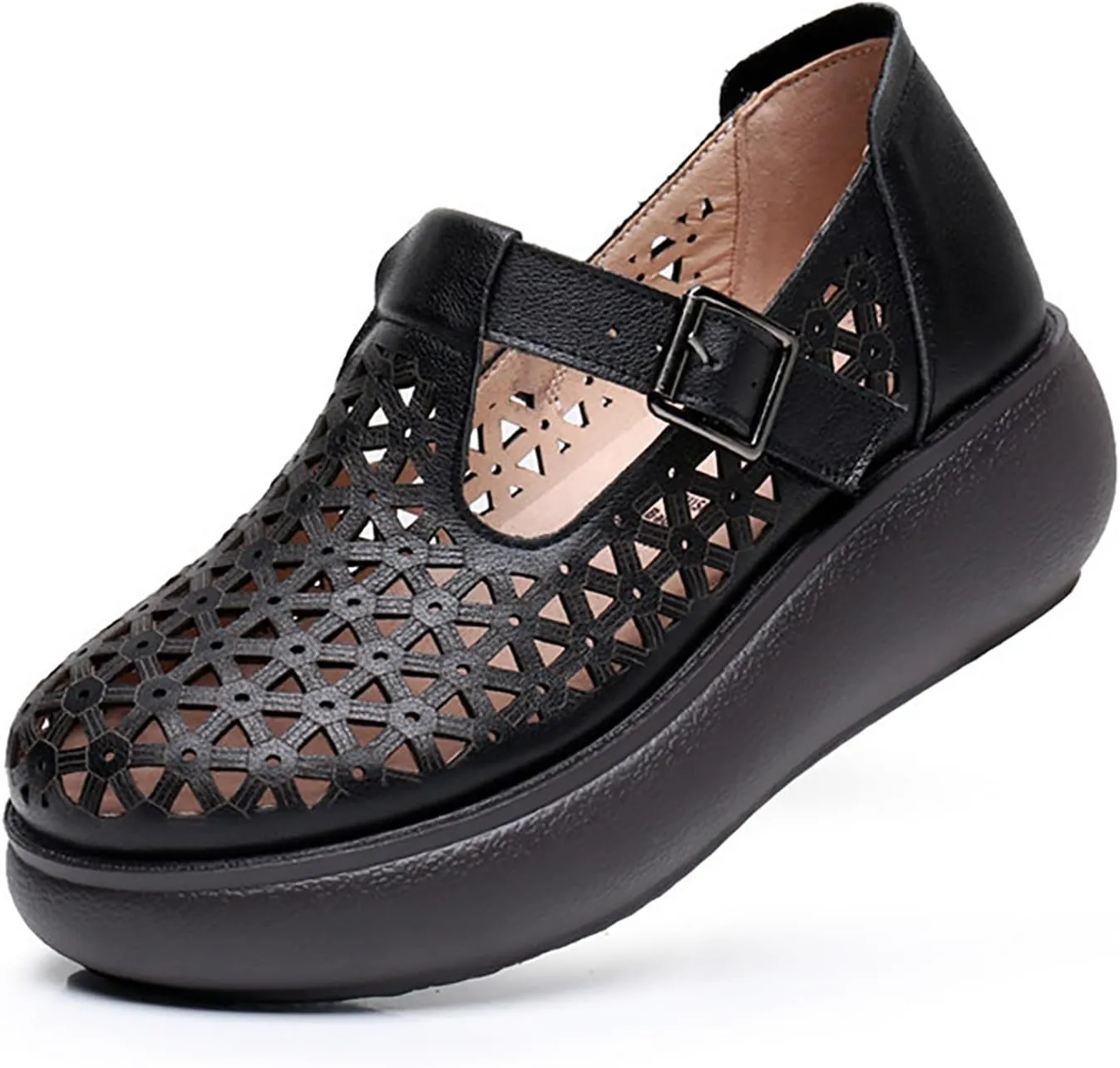 Women's Genuine Leather Hollow Out Orthotic Platform Mary Jane Sneakers Adjustable Hook and Loop T-Strap Casual Breathable Comfortable Chunky Wedge Arch Support Walking Shoes