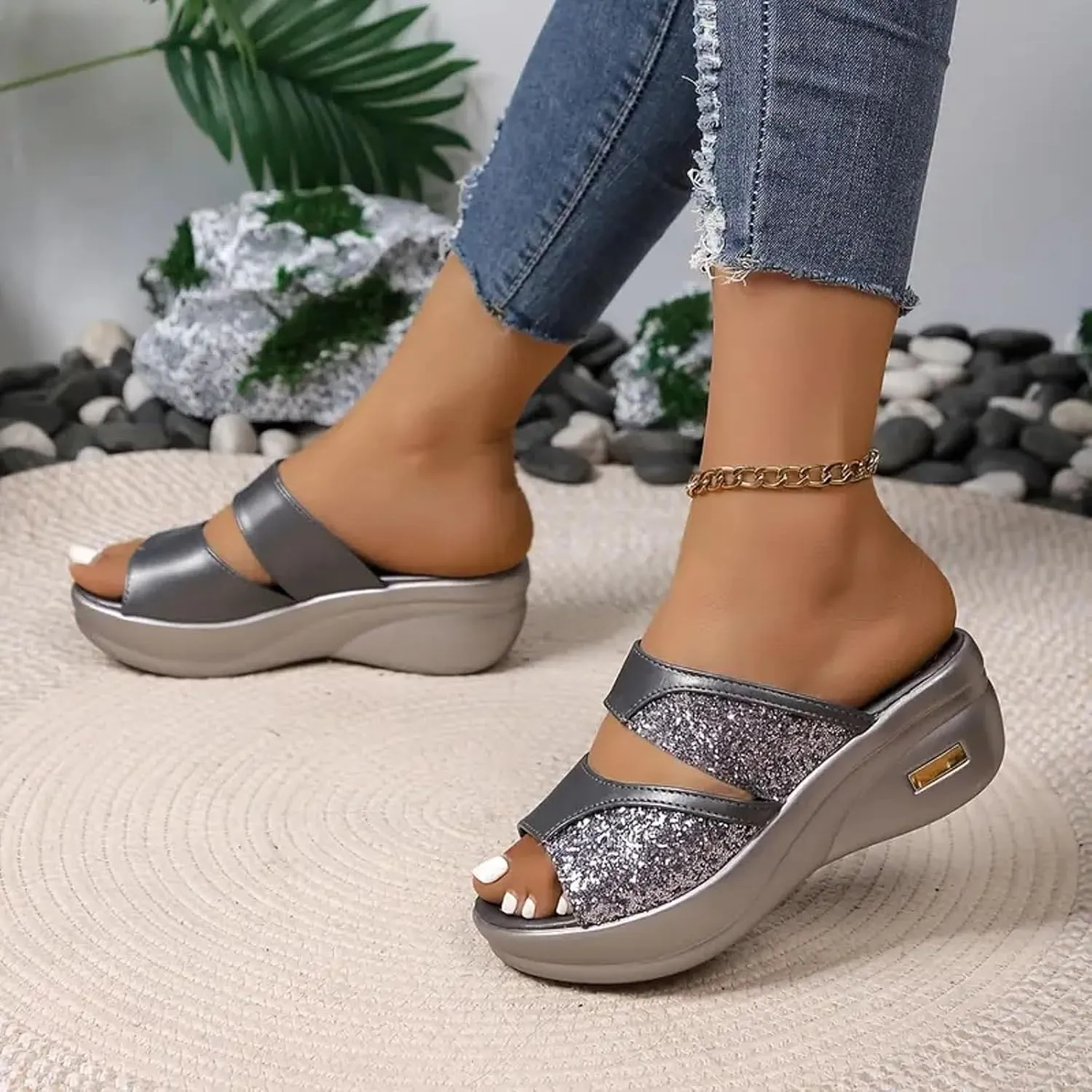 Womens Glitter Platform Wedge Slipper Summer Rhinestones Open Toe Casual Slip on Fish Mouth Wedges Sandals Orthopedic Low Heels Comfortable Sandals with Arch Support
