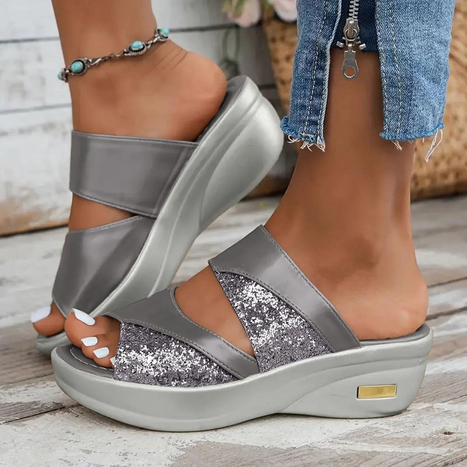 Womens Glitter Platform Wedge Slipper Summer Rhinestones Open Toe Casual Slip on Fish Mouth Wedges Sandals Orthopedic Low Heels Comfortable Sandals with Arch Support