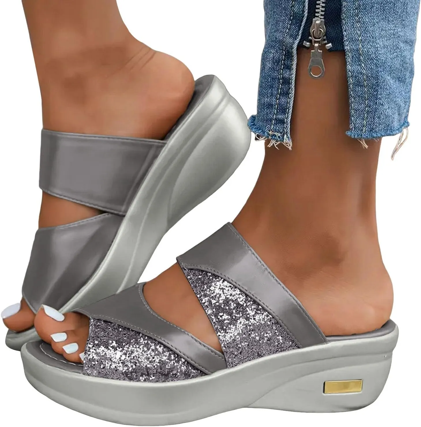 Womens Glitter Platform Wedge Slipper Summer Rhinestones Open Toe Casual Slip on Fish Mouth Wedges Sandals Orthopedic Low Heels Comfortable Sandals with Arch Support
