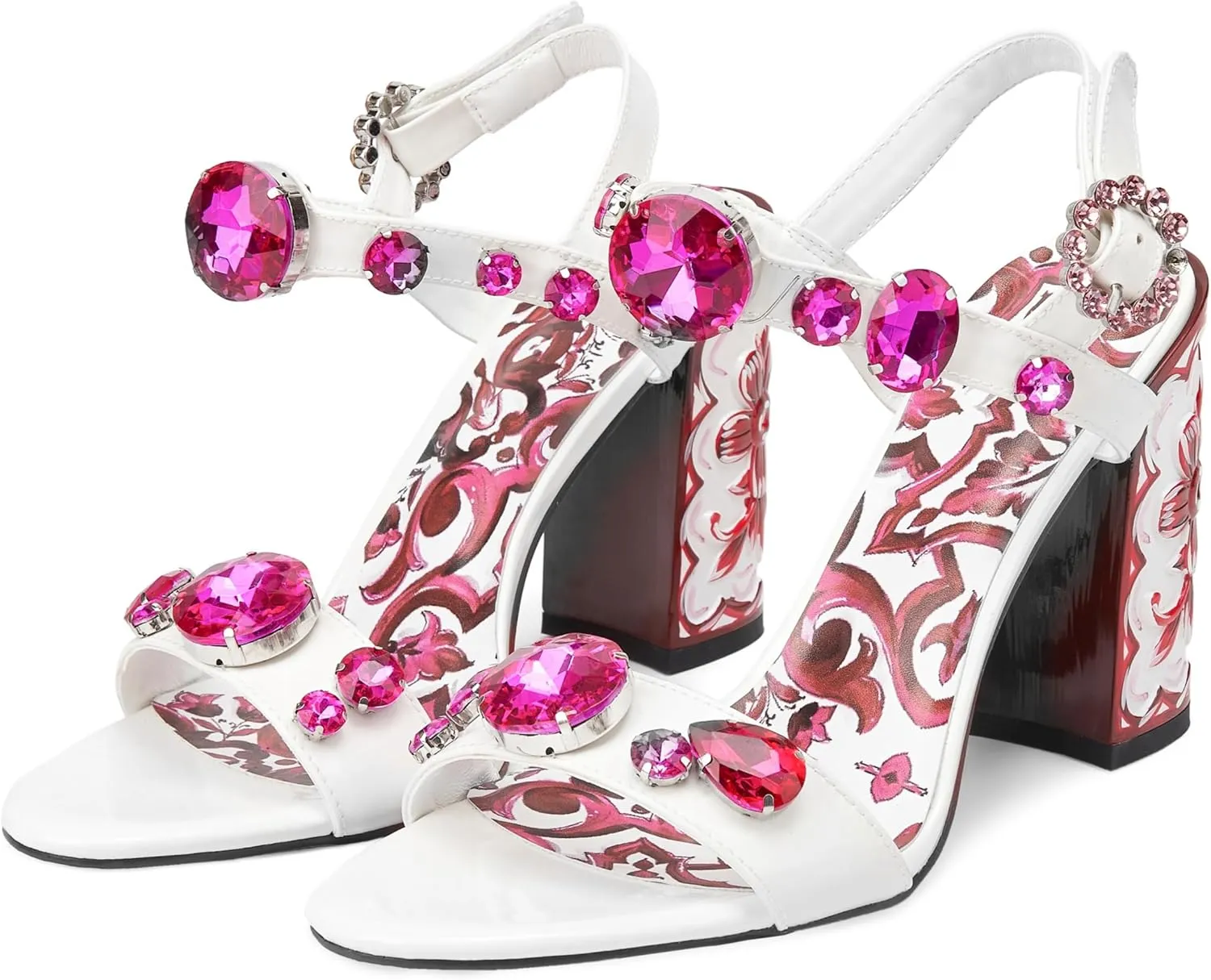 Women's Hand-Painted High Heels Gemstone Sandals Open Toe Chunky Heeled Bohemian Ethnic Style Pumps Fashion Ankle Buckle Sandals