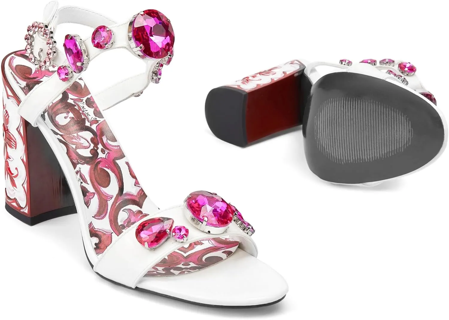 Women's Hand-Painted High Heels Gemstone Sandals Open Toe Chunky Heeled Bohemian Ethnic Style Pumps Fashion Ankle Buckle Sandals