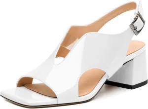 Womens Heeled Sandals, Square Peep Toe Mid Block Heel Slingback Sandals for Women, Leather Insole Chunky Heel Sandals with Buckle 2"