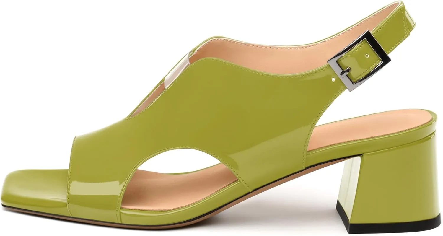 Womens Heeled Sandals, Square Peep Toe Mid Block Heel Slingback Sandals for Women, Leather Insole Chunky Heel Sandals with Buckle 2"