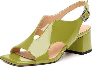 Womens Heeled Sandals, Square Peep Toe Mid Block Heel Slingback Sandals for Women, Leather Insole Chunky Heel Sandals with Buckle 2"