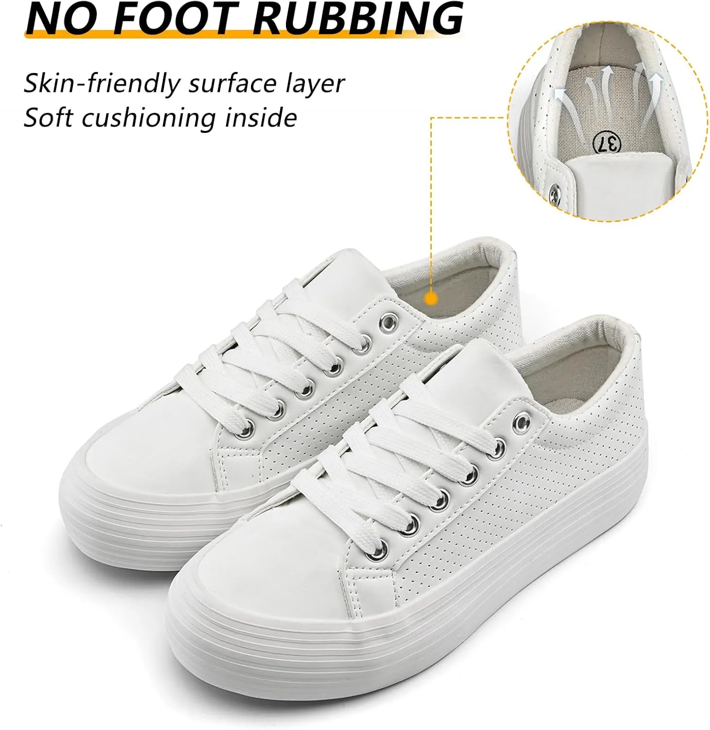 Women's High Platform Fashion Sneakers, White, Breathable, Lace Up, Tennis Shoes, Comfortable, Casual