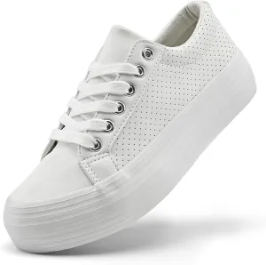 Women's High Platform Fashion Sneakers, White, Breathable, Lace Up, Tennis Shoes, Comfortable, Casual