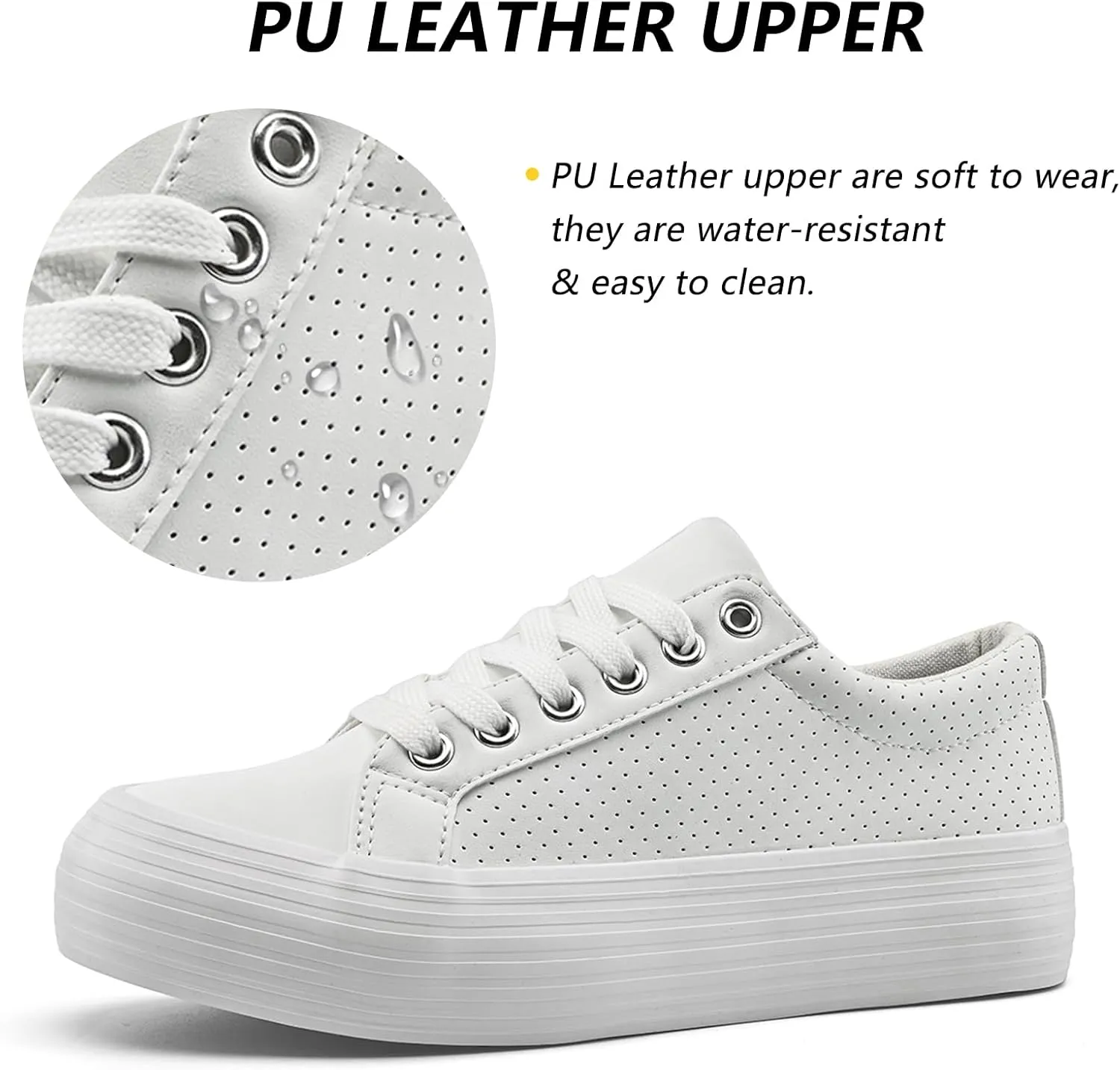 Women's High Platform Fashion Sneakers, White, Breathable, Lace Up, Tennis Shoes, Comfortable, Casual