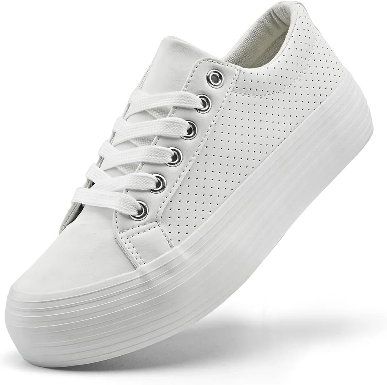 Women's High Platform Fashion Sneakers, White, Breathable, Lace Up, Tennis Shoes, Comfortable, Casual