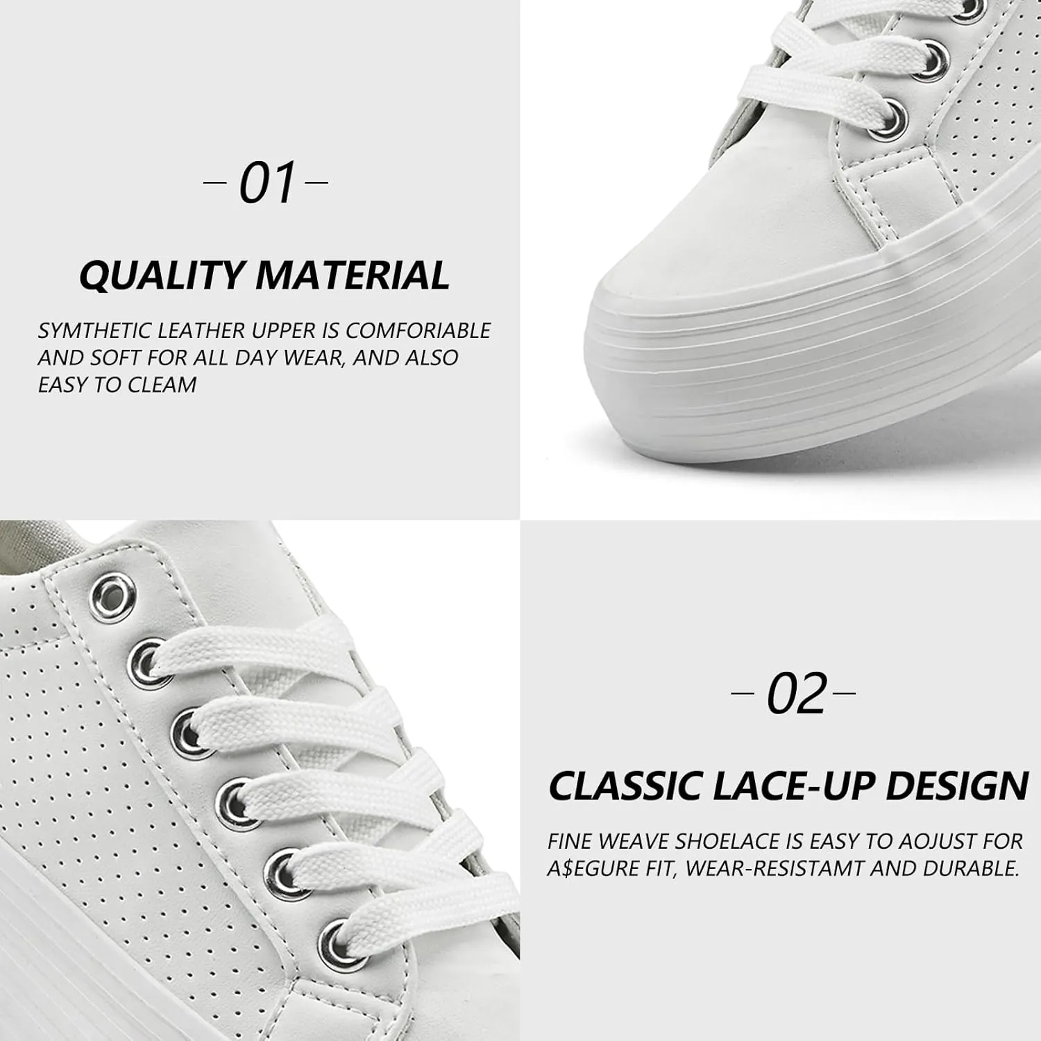 Women's High Platform Fashion Sneakers, White, Breathable, Lace Up, Tennis Shoes, Comfortable, Casual
