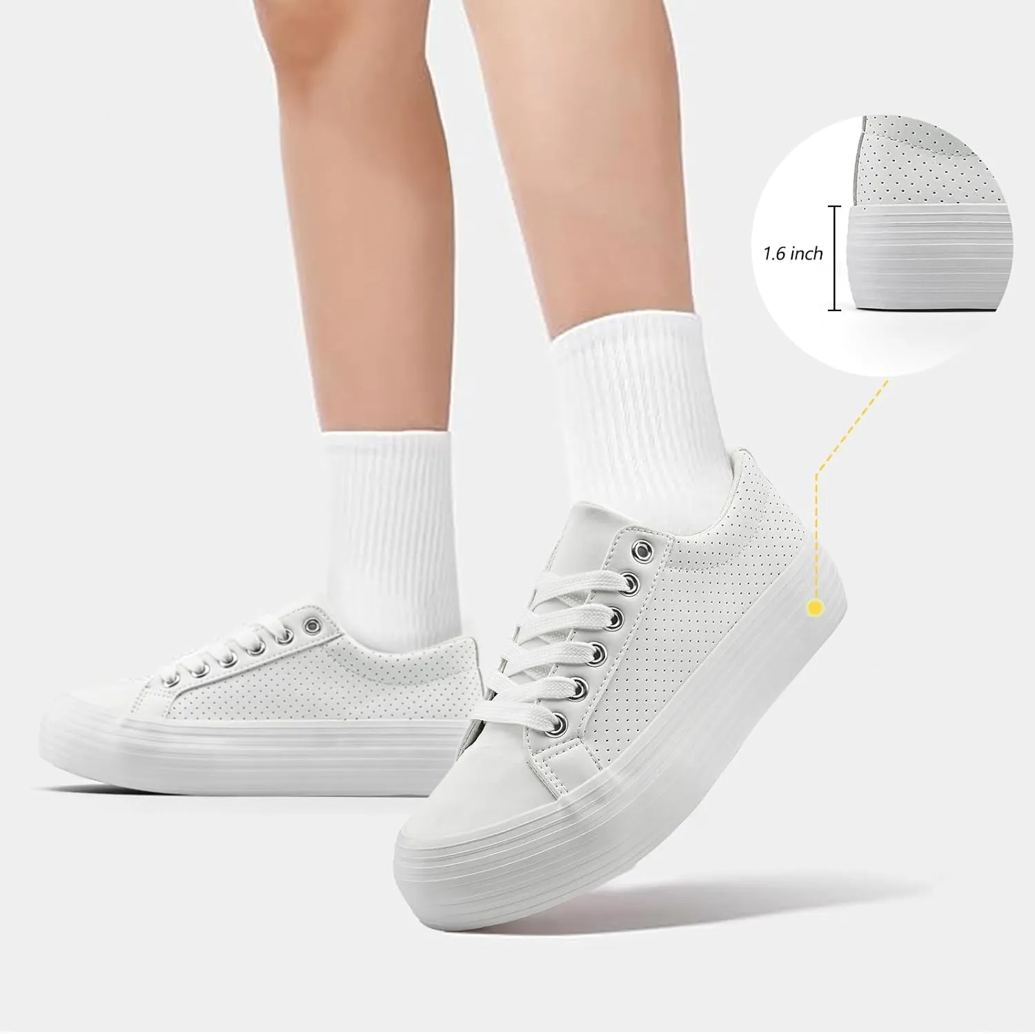 Women's High Platform Fashion Sneakers, White, Breathable, Lace Up, Tennis Shoes, Comfortable, Casual