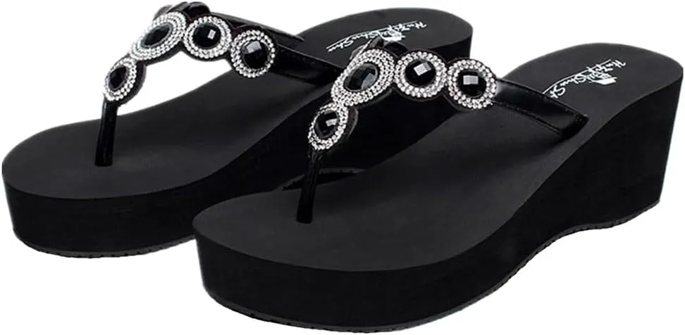 Womens High Wedge Flip-flops Rhinestone Platform Sandals