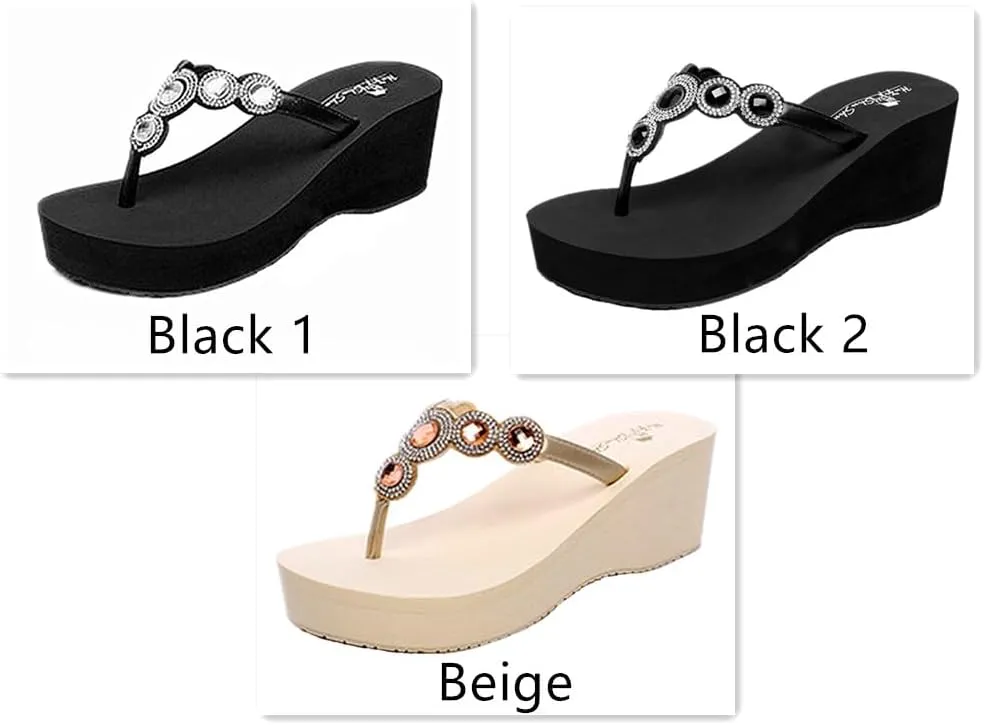Womens High Wedge Flip-flops Rhinestone Platform Sandals