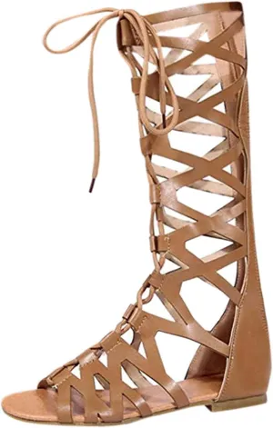 Womens Knee High Caged Gladiator Strappy Flat Sandals Fashion Cross Strap Lace up Back Zipper Open-Toe Flat Sandals Summer Outdoor Casual Shoes