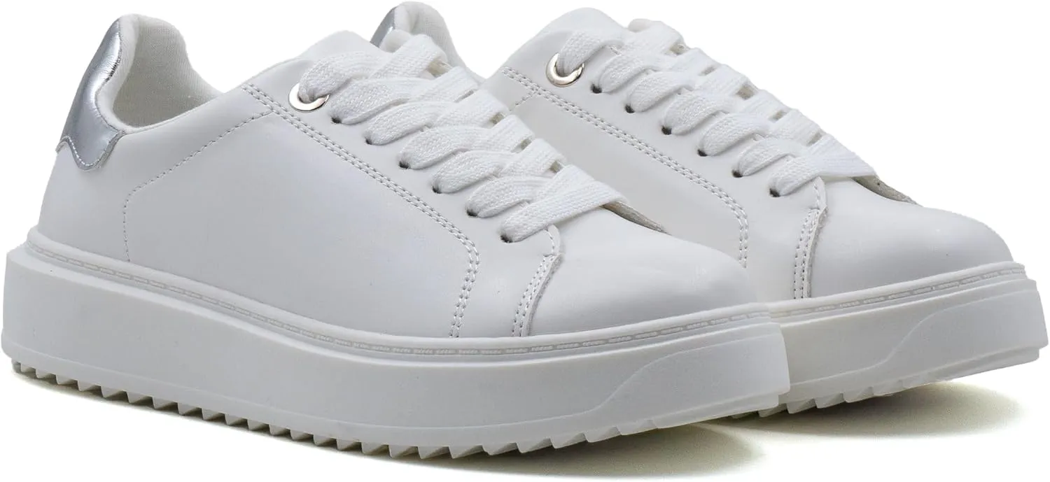Women's Lace Up Platform Sneakers, Elevated Sole, Classic Trendy Comfortable Fashion PU Shoes
