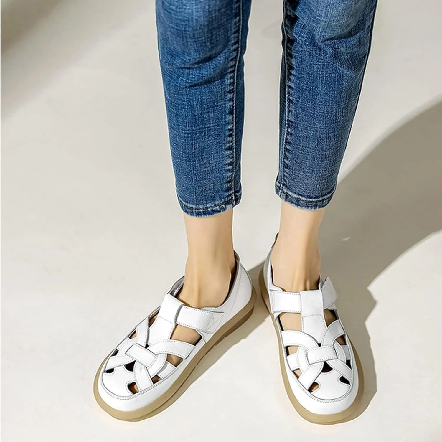 Women'S Leather Closed Toe Flat Fisherman Gladiator Sandals with Ankle Strap,Fashion Comfy Wedge Sandals Bohemia Outdoor Causal Comfortable Walking Work Loafer Shoe