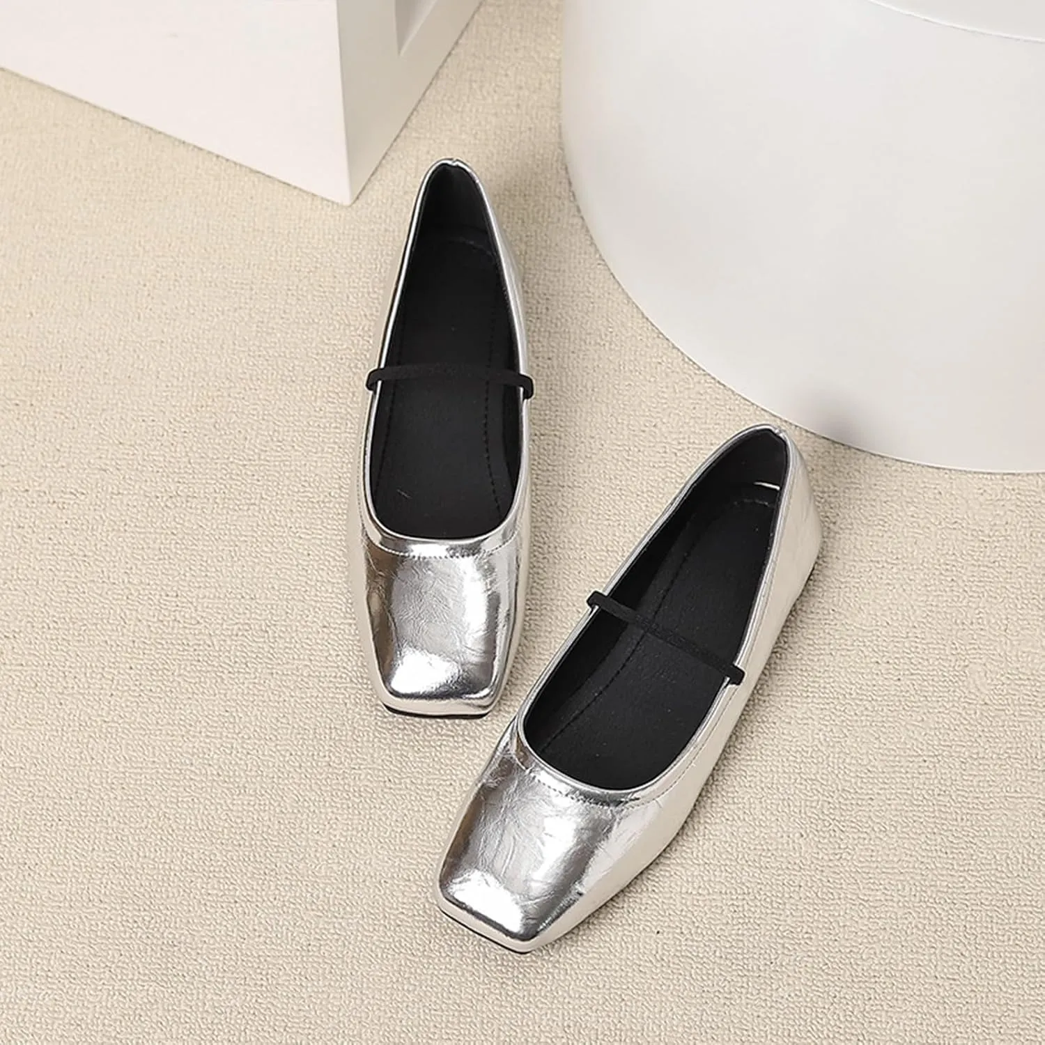 Women's Leather Mary Jane Flats Shoes Dressy Comfortable Square Toe Slip On Ballet Flat Causal Breathable Flat Walking Shoes