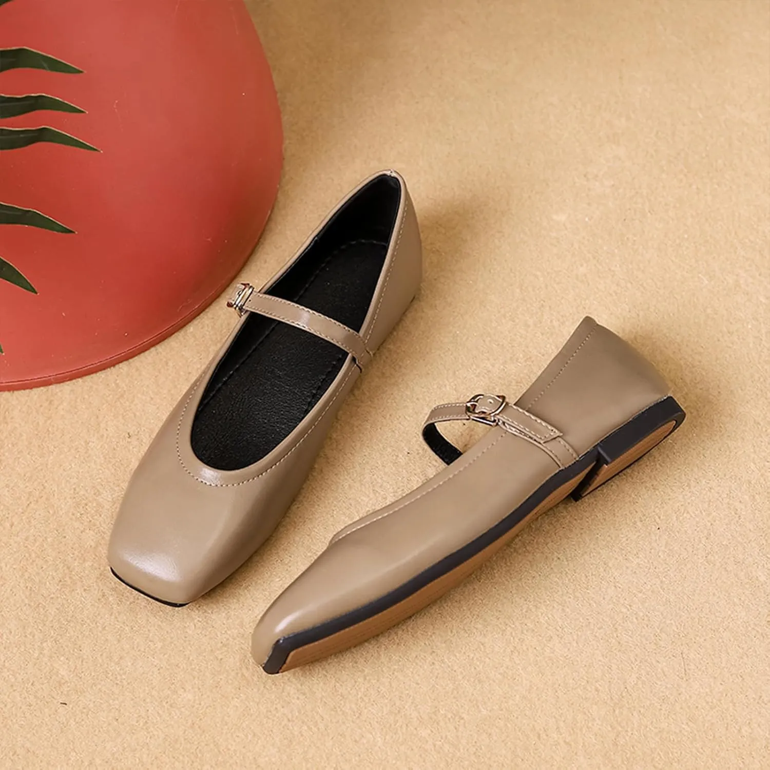 Women's Leather Mary Jane Flats - Square Toe Slip-On Ballet Flats with Ankle Strap, Dressy & Comfortable Flats for Work, Parties, or Casual Wear