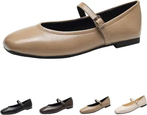 Women's Leather Mary Jane Flats - Square Toe Slip-On Ballet Flats with Ankle Strap, Dressy & Comfortable Flats for Work, Parties, or Casual Wear