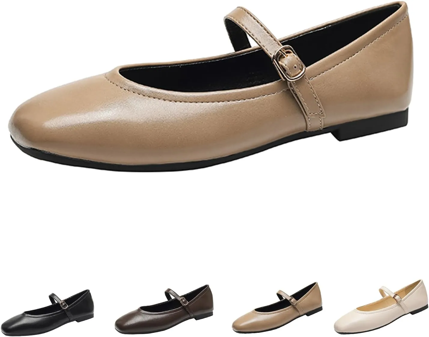 Women's Leather Mary Jane Flats - Square Toe Slip-On Ballet Flats with Ankle Strap, Dressy & Comfortable Flats for Work, Parties, or Casual Wear
