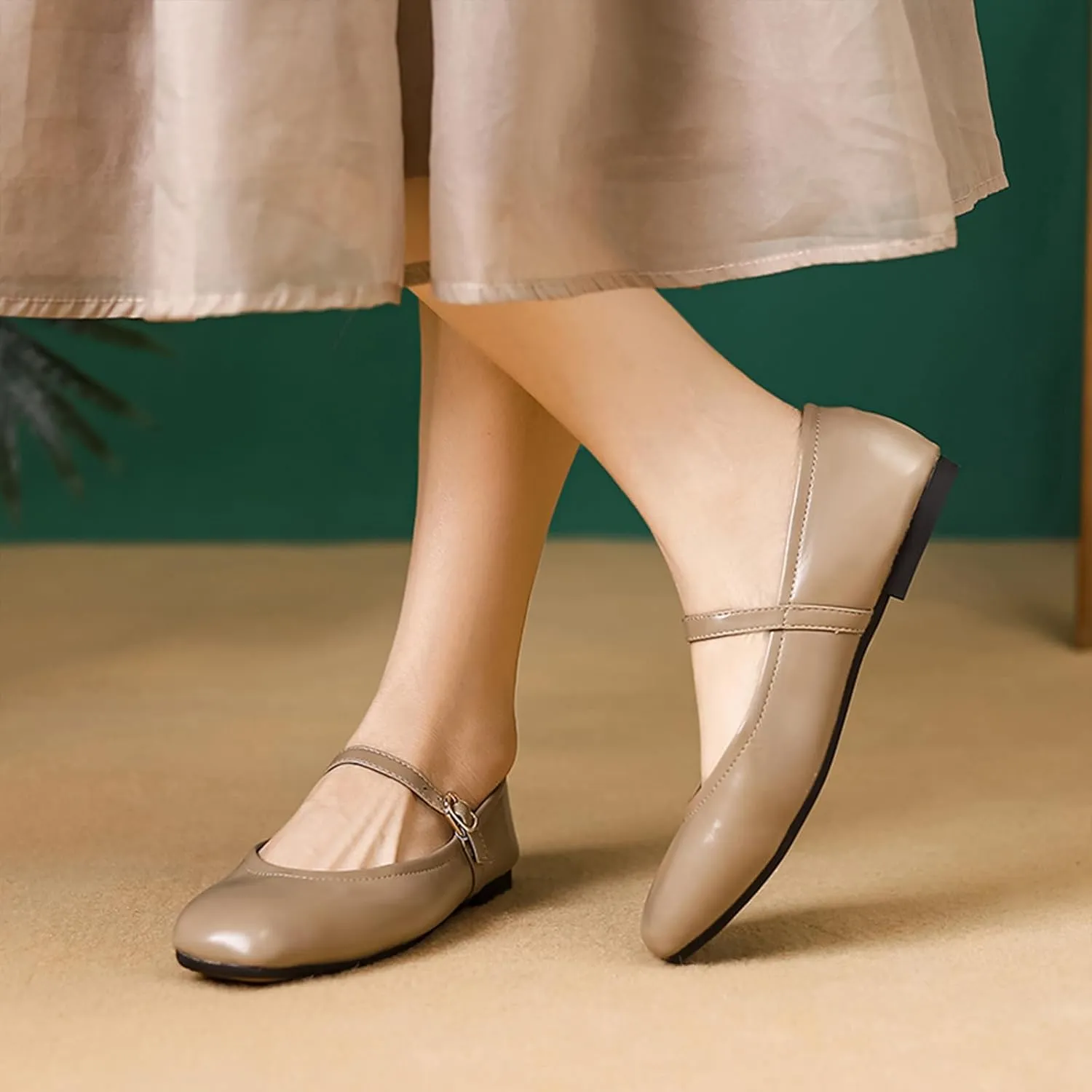 Women's Leather Mary Jane Flats - Square Toe Slip-On Ballet Flats with Ankle Strap, Dressy & Comfortable Flats for Work, Parties, or Casual Wear