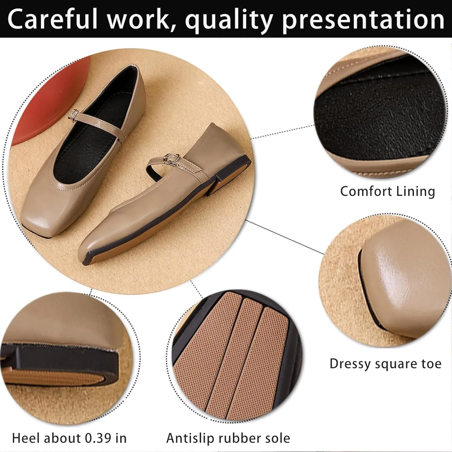 Women's Leather Mary Jane Flats - Square Toe Slip-On Ballet Flats with Ankle Strap, Dressy & Comfortable Flats for Work, Parties, or Casual Wear