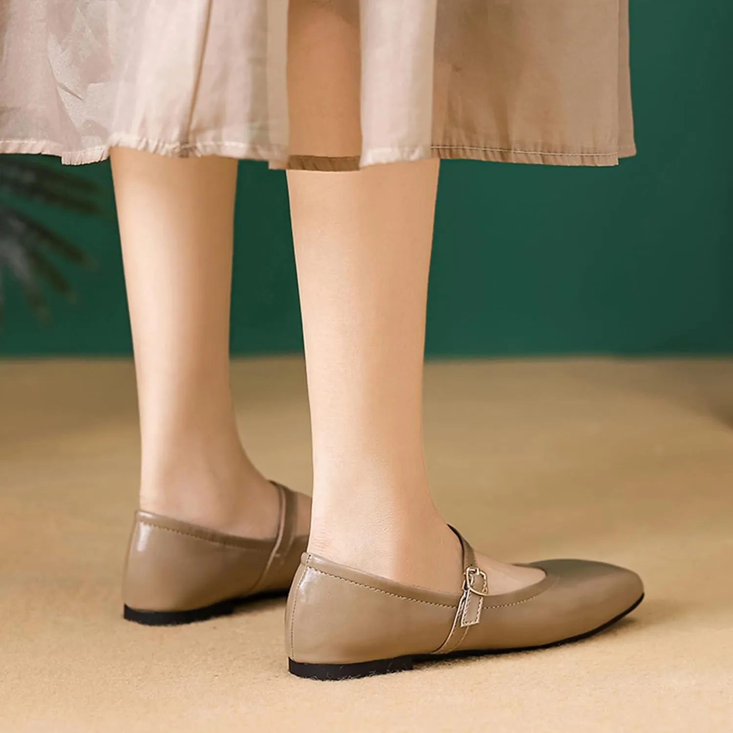 Women's Leather Mary Jane Flats - Square Toe Slip-On Ballet Flats with Ankle Strap, Dressy & Comfortable Flats for Work, Parties, or Casual Wear