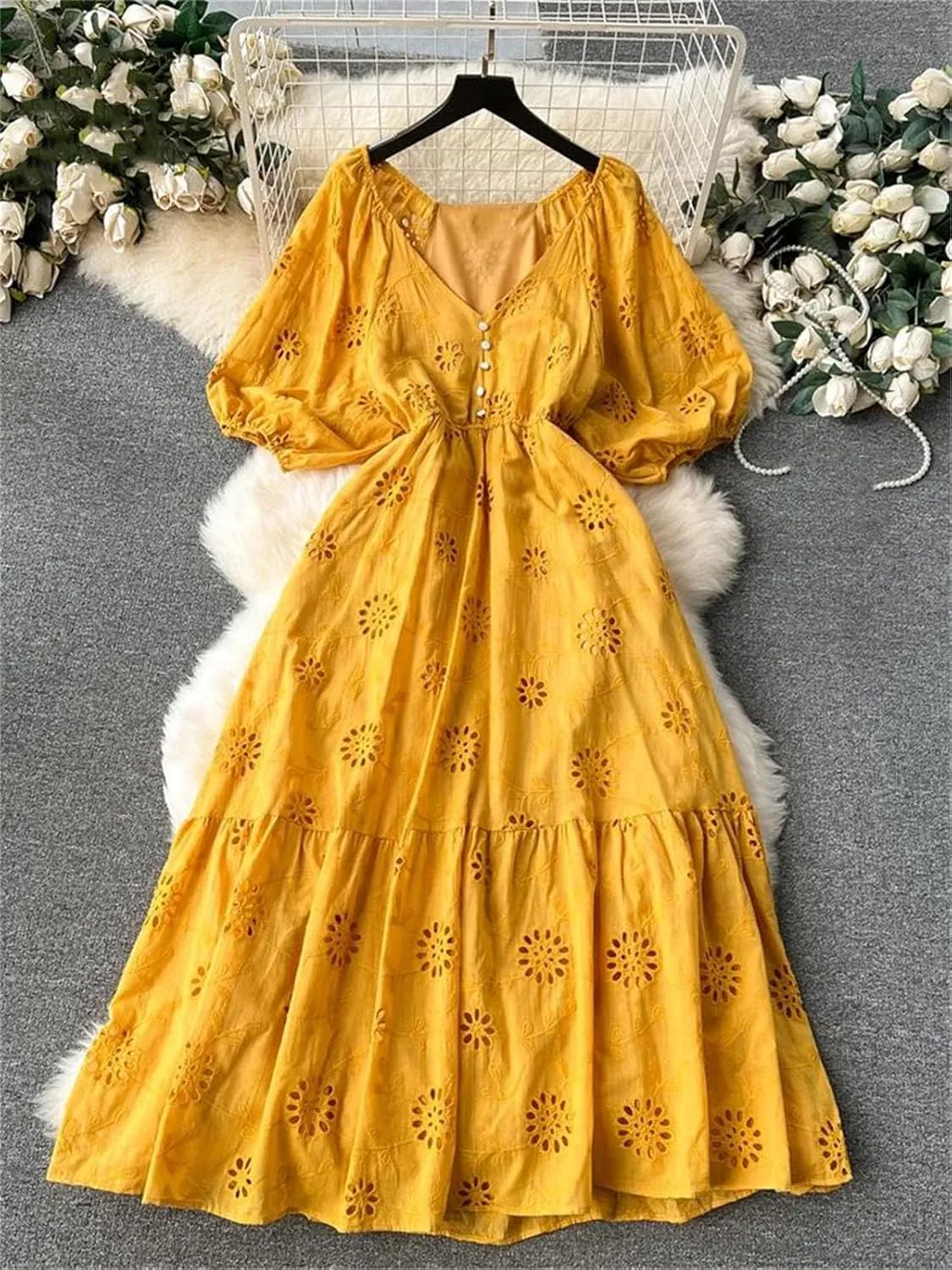 Women's Long Dress Classic Embroidery V-Neck Hollow-Out Solid Buttons Decoration Slim Vestidos