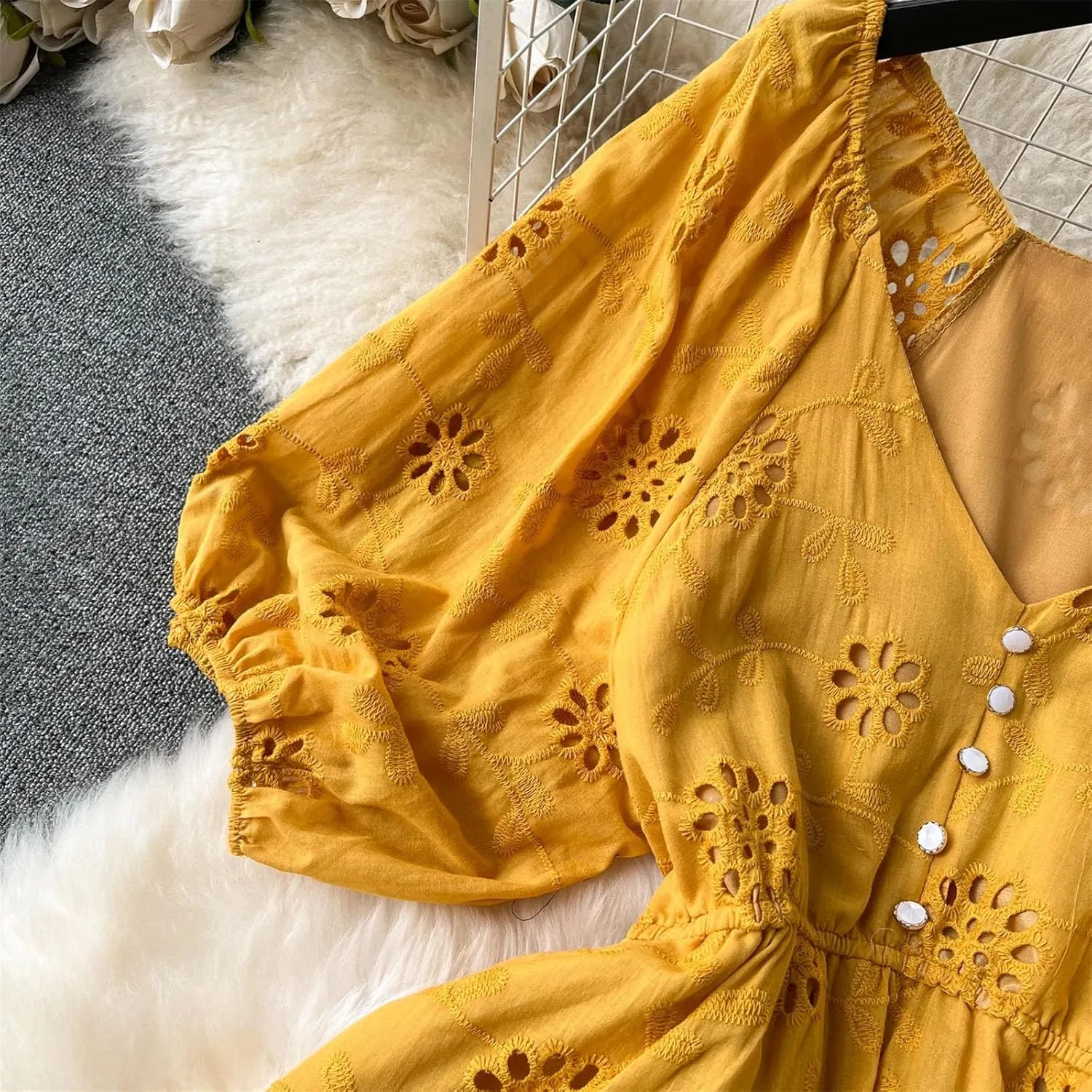 Women's Long Dress Classic Embroidery V-Neck Hollow-Out Solid Buttons Decoration Slim Vestidos