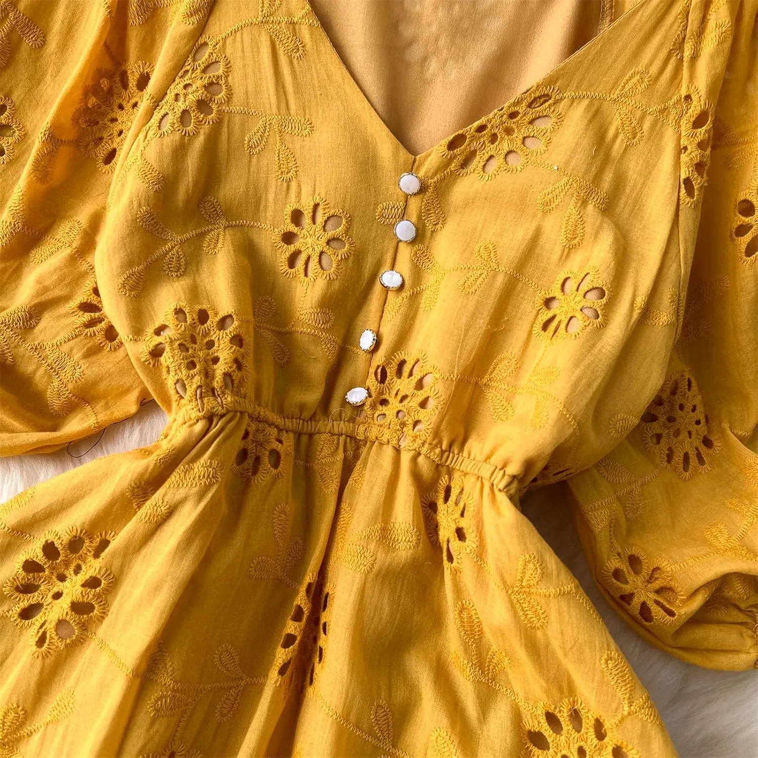 Women's Long Dress Classic Embroidery V-Neck Hollow-Out Solid Buttons Decoration Slim Vestidos