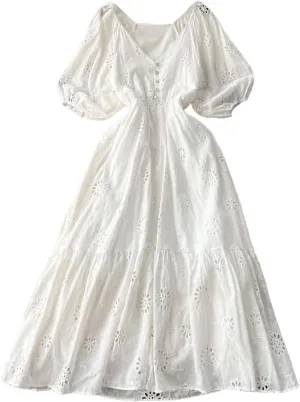 Women's Long Dress Classic Embroidery V-Neck Hollow-Out Solid Buttons Decoration Slim Vestidos