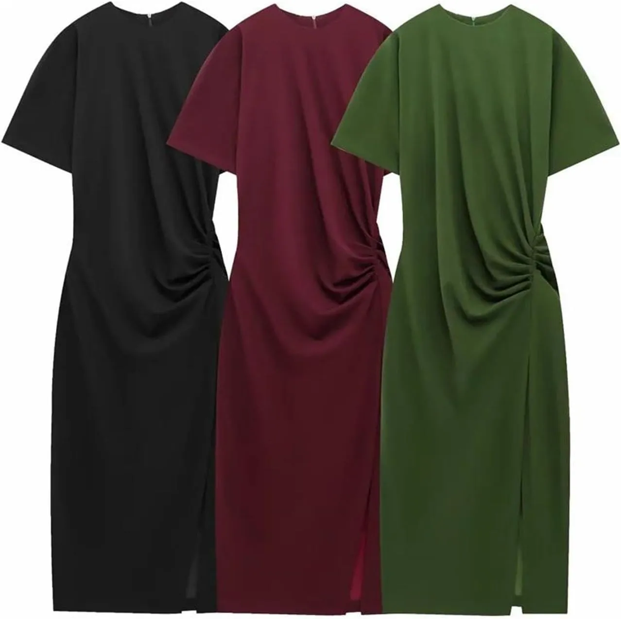 Women's Long Dress Classic Short Sleeve with Asymmetric Ruched Detail Side Slit Formal Vestidos