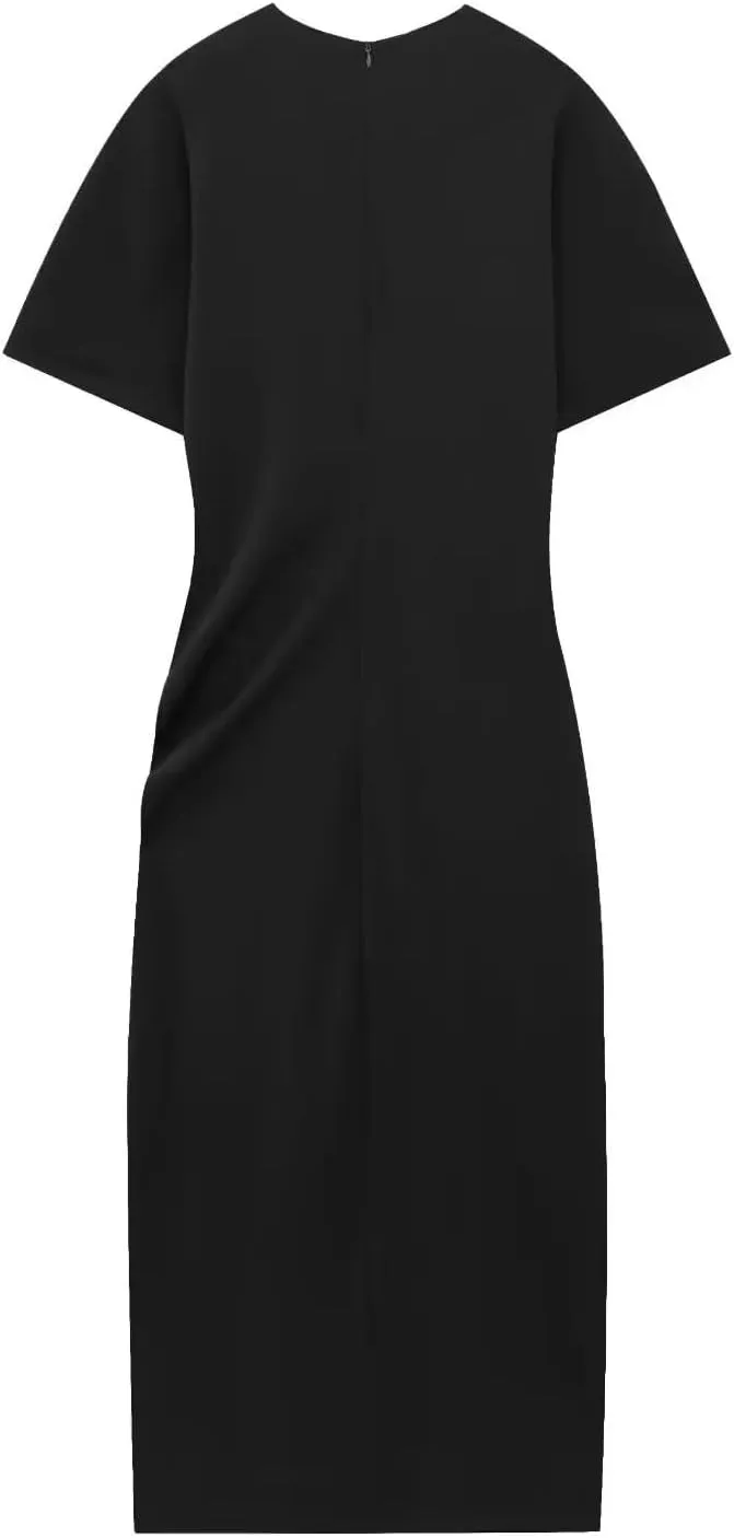 Women's Long Dress Classic Short Sleeve with Asymmetric Ruched Detail Side Slit Formal Vestidos