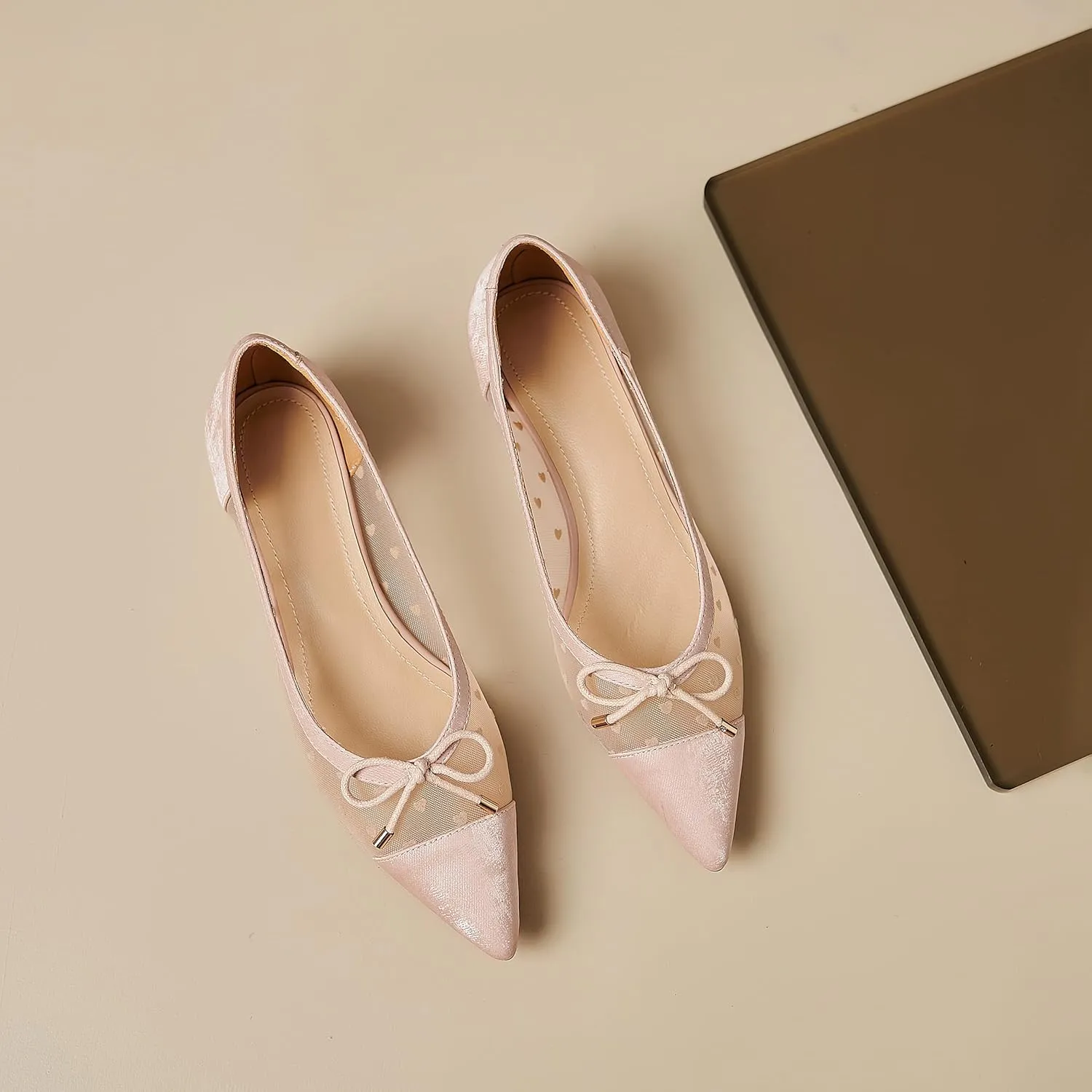Womens Mesh Ballet Flats Retro Slip on Embroidered Pointed Toe Flats Comfortable Pointy Low Heel Bow Dress Shoes
