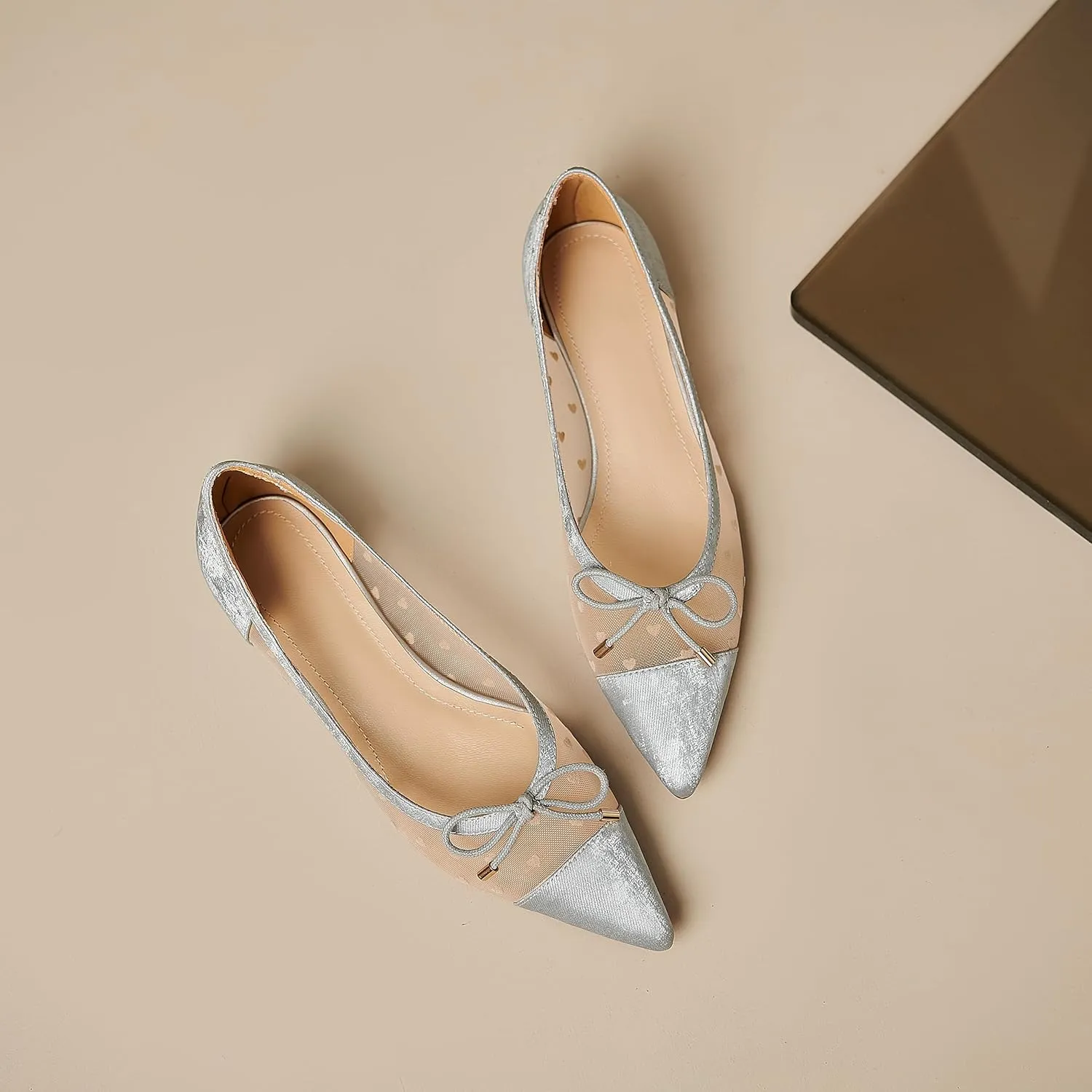 Womens Mesh Ballet Flats Retro Slip on Embroidered Pointed Toe Flats Comfortable Pointy Low Heel Bow Dress Shoes