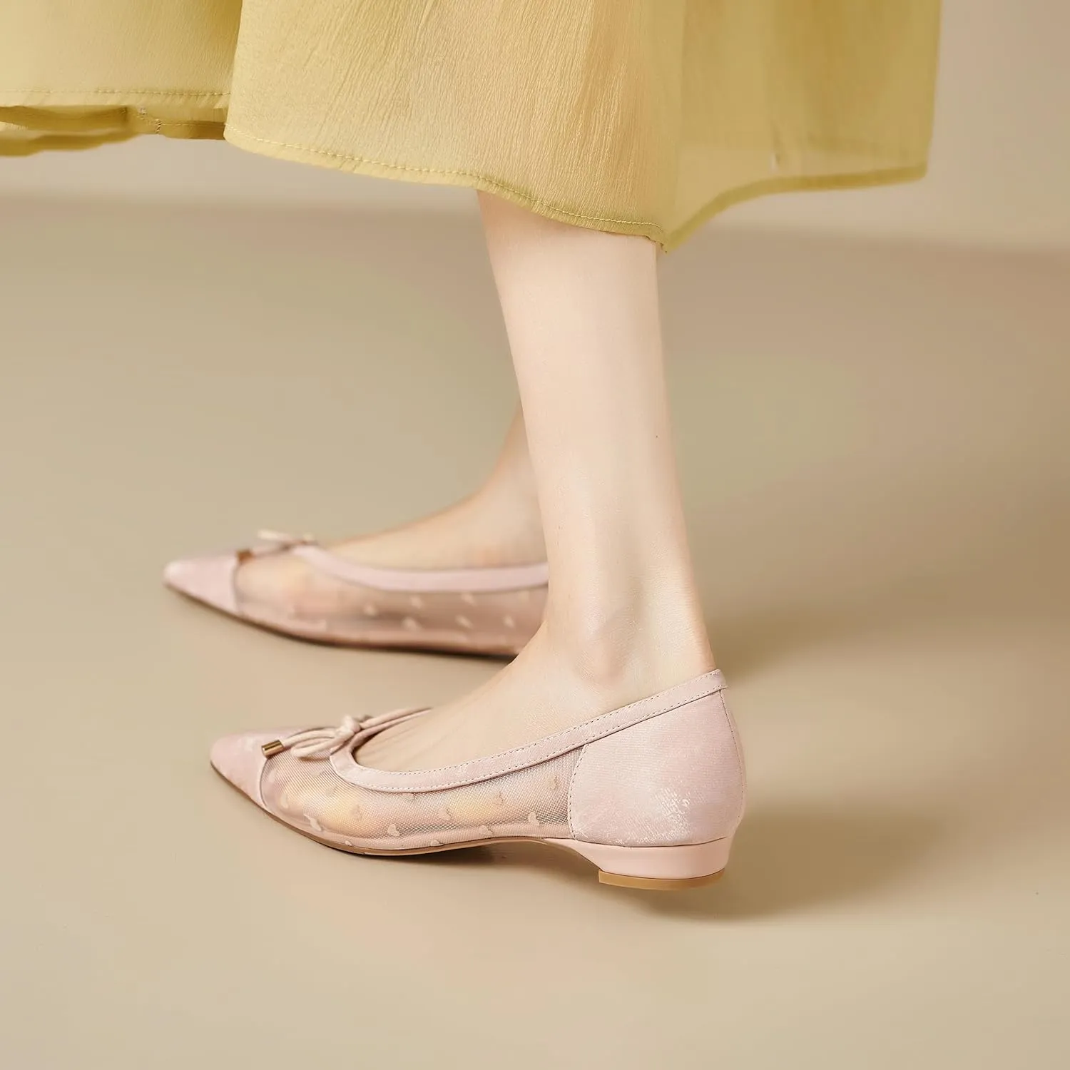 Womens Mesh Ballet Flats Retro Slip on Embroidered Pointed Toe Flats Comfortable Pointy Low Heel Bow Dress Shoes