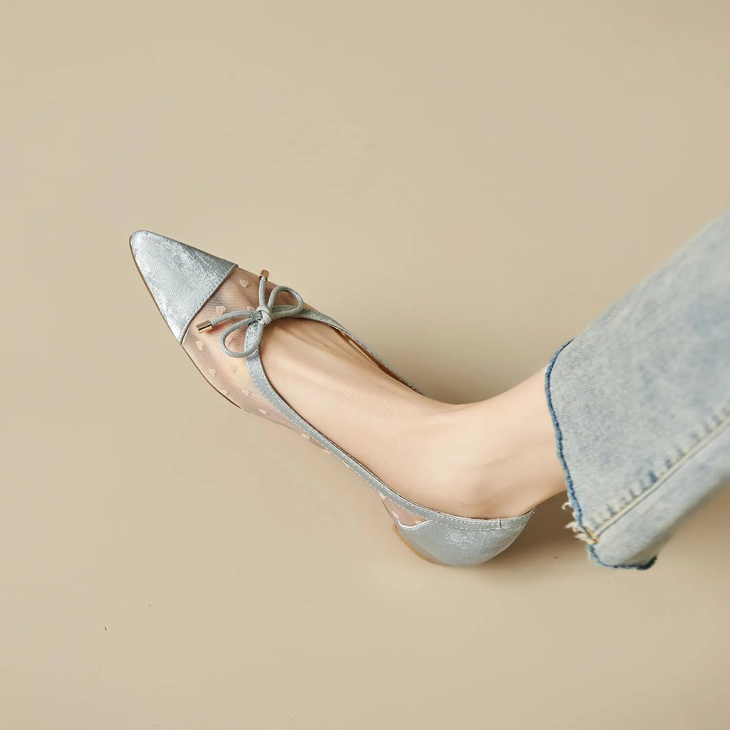 Womens Mesh Ballet Flats Retro Slip on Embroidered Pointed Toe Flats Comfortable Pointy Low Heel Bow Dress Shoes