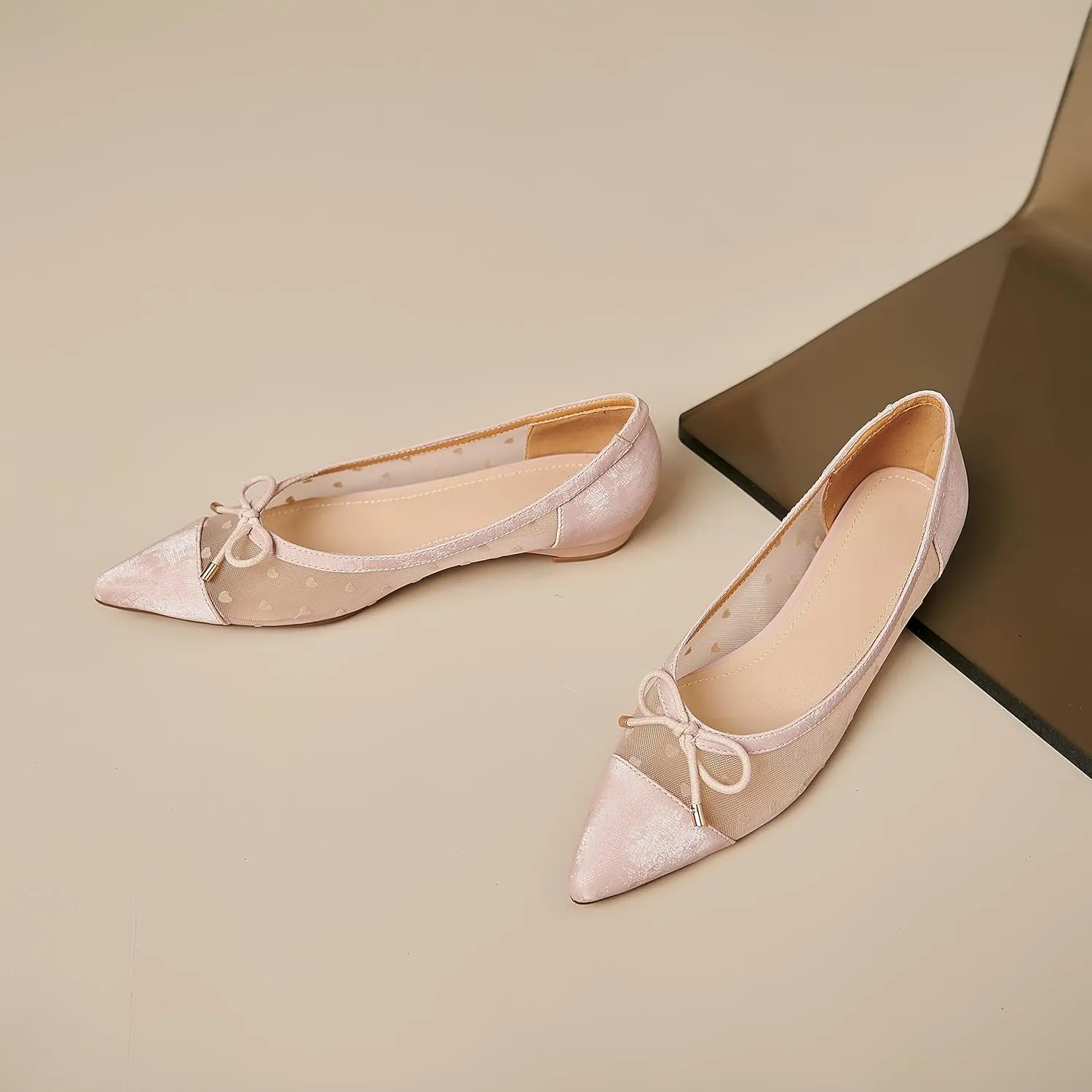 Womens Mesh Ballet Flats Retro Slip on Embroidered Pointed Toe Flats Comfortable Pointy Low Heel Bow Dress Shoes