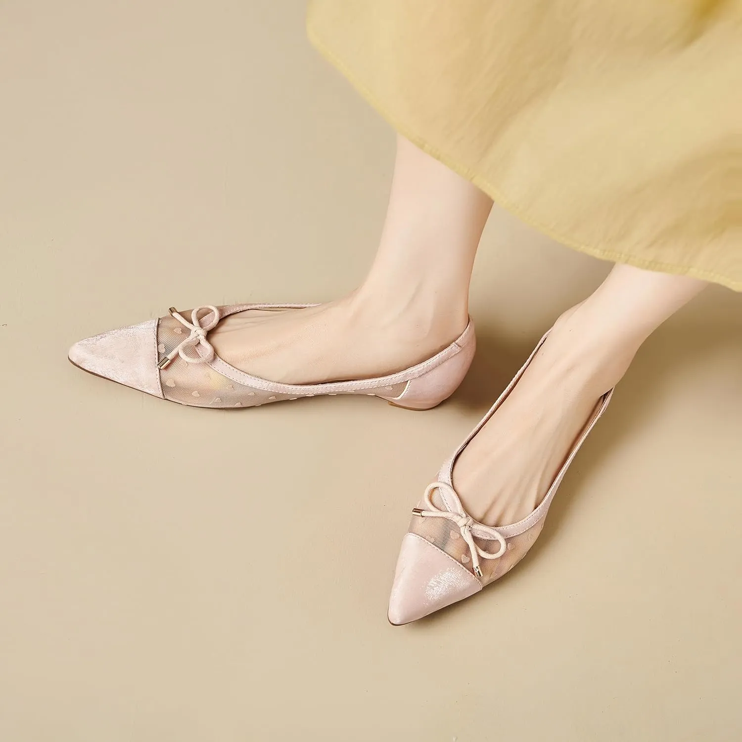 Womens Mesh Ballet Flats Retro Slip on Embroidered Pointed Toe Flats Comfortable Pointy Low Heel Bow Dress Shoes