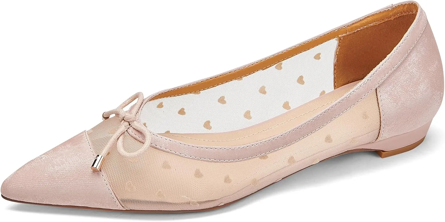 Womens Mesh Ballet Flats Retro Slip on Embroidered Pointed Toe Flats Comfortable Pointy Low Heel Bow Dress Shoes